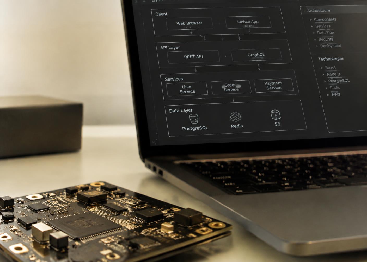 Illustrative photo of a laptop showing a software architecture diagram